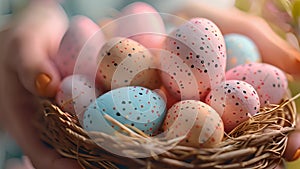 Hands gently cradle a nest of colorful Easter eggs.