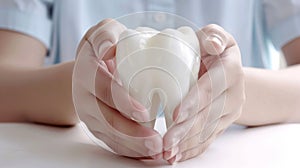 Hands Holding White Tooth Model.AI generated image