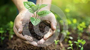 Hands gently holding a young plant with soil on a green background