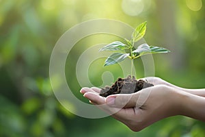 Hands gently holding a young plant with soil on a green background