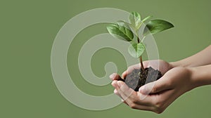 Hands gently holding a young plant with soil on a green background