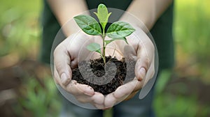 Hands gently holding a young plant with soil on a green background