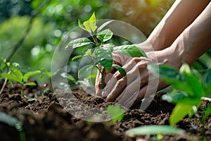 Hands gently planting a tree sapling into the soil, gardening, Earth Day, close up