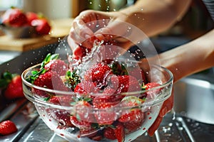 Hands gently rinsing ripe strawberries in a water-filled bowl