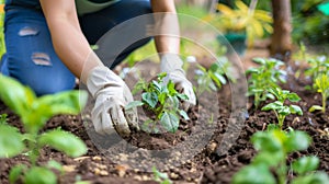 Hands gently tending to a young plant in a bright garden plot