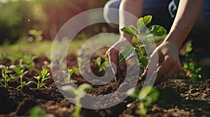 Hands gently tending to a young plant in a bright garden plot