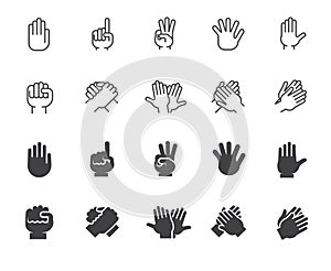 Hands gesticulation buttons in line and glyph style. Handshake, applause, index finger, palm, high five and other icons