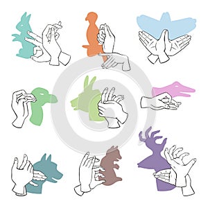 Hands gesture like different animals imagination theatrical symbol and people finger figures puppet copy leisure shadow