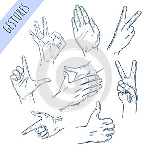 Hands gestures in different interpretations. Vector illustration.