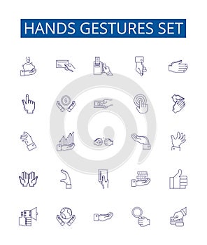 Hands gestures set line icons signs set. Design collection of Gesticulate, Waving, Pointing, Grasping, Clasping