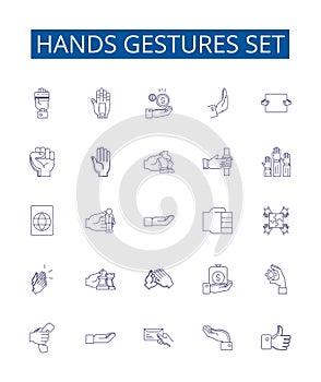 Hands gestures set line icons signs set. Design collection of Gesticulate, Waving, Pointing, Grasping, Clasping