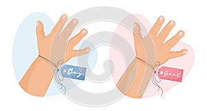 Hands of a girl and a boy with a pink and blue tag. Icon set, newborn illustration. Pastel colors