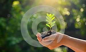 In the hands of girl growing seedlings. Bokeh green Background Female hand holding tree on nature field grass Forest conservation