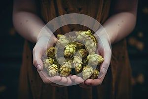 Hands of a girl holding a handful of green hop cones