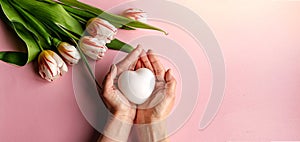 In the hands of a girl, a white heart on a pink background and tulips on the table. Top view with free space for your inscription