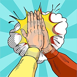 Hands give five pop art. Male hands in a gesture of success. Yellow and red sweaters. Vintage cartoon retro illustration.