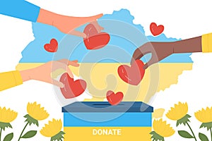 Hands give red hearts to box with Ukrainian flag, collection of money to help Ukraine
