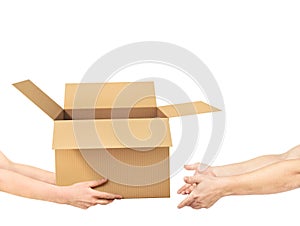 Hands are giving a empty box to other hands on a white background.