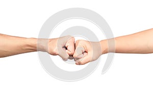 Hands giving a fist bump on white background