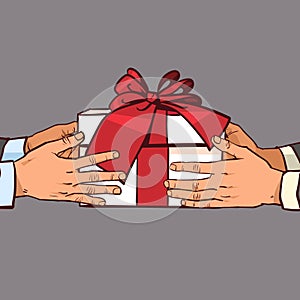 Hands Giving Gift To Another Greeting With Holiday, Sketch Present Box With Red Ribbon Bow