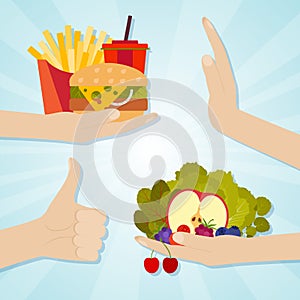 Hands giving junk and healthy eating. Food choice concept