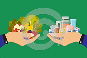Hands giving medicines and healthy food. Food choice concept