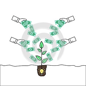 Hands giving money to a plant emerging from an idea bulb