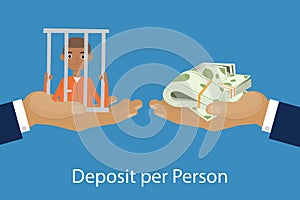 Hands giving or offering pack of money to another hand with prisoned person cartoon vector illustration of deposit per