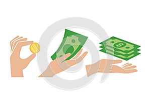 Hands giving and receiving money icon set vector