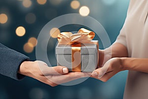 Hands giving and receiving present. Male and female hands holding gift box on blurred background