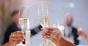 Hands, glasses and champagne for toast at gala, celebration or social gathering with alcoholic beverage for win. People