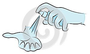 Hands in gloves. Antiseptic disinfection. Hygienic procedure. Disease prevention, good for health. Vector illustration