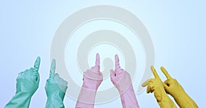 Hands, gloves and cleaning group pointing at advertising, news or announcement with mockup on blue background. Cleaner