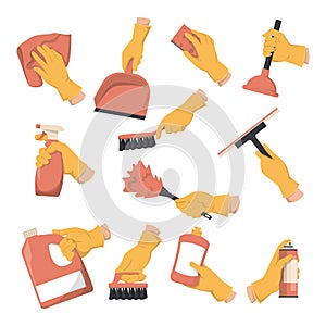 Hands in gloves holding different domestic tools