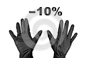 hands in gloves and minus 10 percent sale sign isolated on a white background