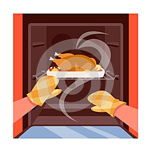 Hands in gloves open oven door, chef cooking roast chicken or turkey with potatoes