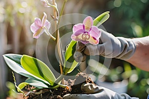 hands with gloves transplanting an orchid