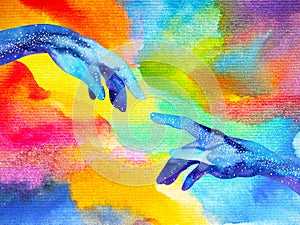 Hands of god connect to another world illustration design watercolor painting