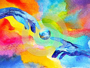 Hands of god connect to another world illustration design watercolor painting