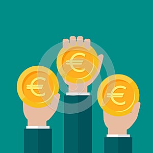 Hands with gold euro coins. Vector flat illustration on blue. Give, receive, take, earn money