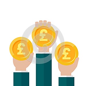 Hands with gold pound sterling coins. Vector flat illustration on white. Give, receive, take, earn money