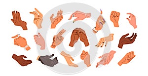 Hands grabbing, gripping, taking. Palms, finger pointing, leaning, grasping, clenching, holding set. Different arm actions and