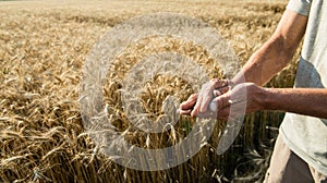 Hands of the grain-grower against a wheaten field