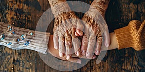 Hands of grandmother and granddaughter holding each other