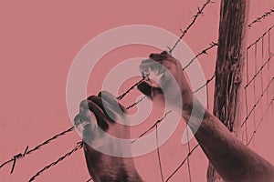 Hands grasping desperately barbed wire on red