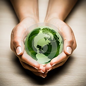 Hands with green Earth globe