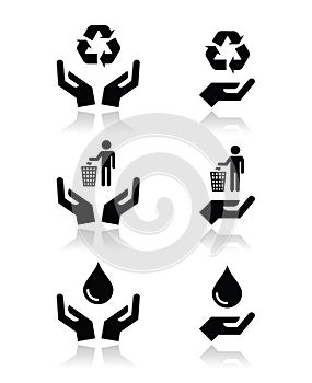 Hands with green, ecology symbols icons