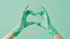 Hands in green gloves making heart.AI generated image