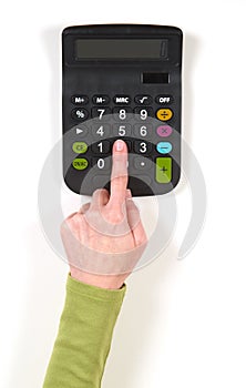 Hands in green jacket and black calculator
