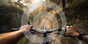 Hands grip the handlebars a bicycle tightly while navigating a winding mountain trail, enjoying an exhilarating outdoor